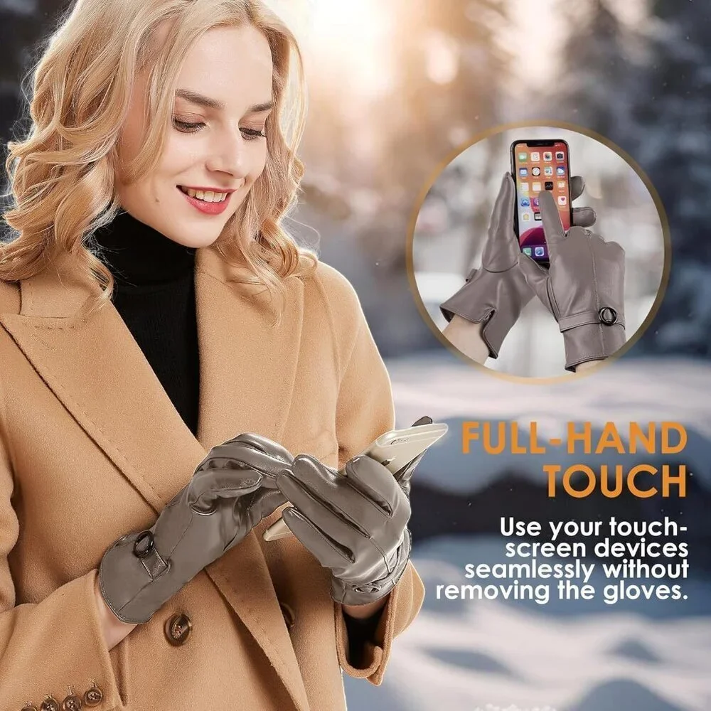 Women's Beige Leather Gloves Touchscreen Texting Warm Driving Lambskin Gloves